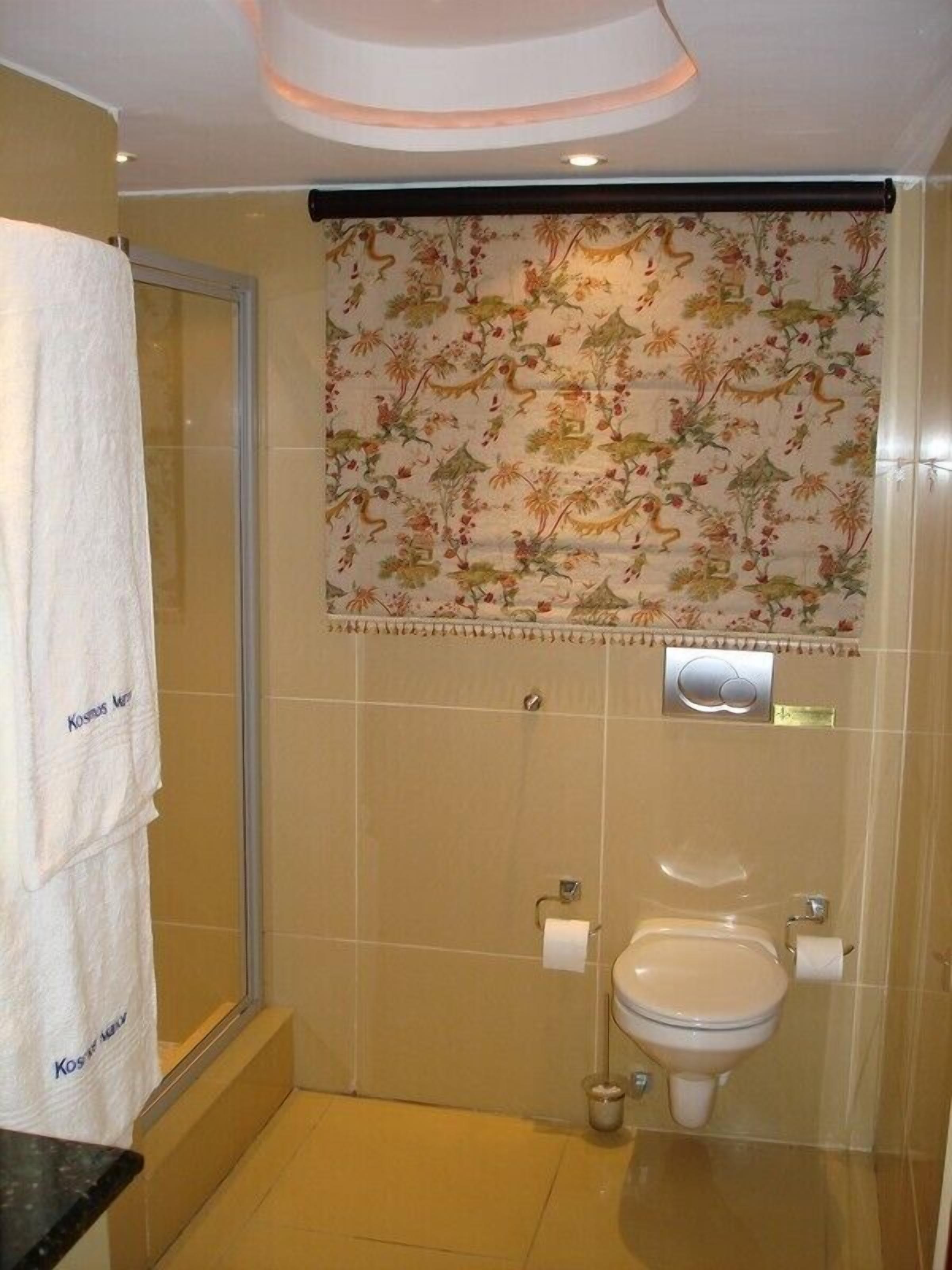 A bathroom with a toilet, a shower, and a towel hanging on the wall.