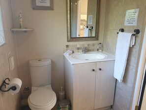 Quarto luxo | Banheiro | Chuveiro, secador de cabelo, toalhas de banho, sabonete
