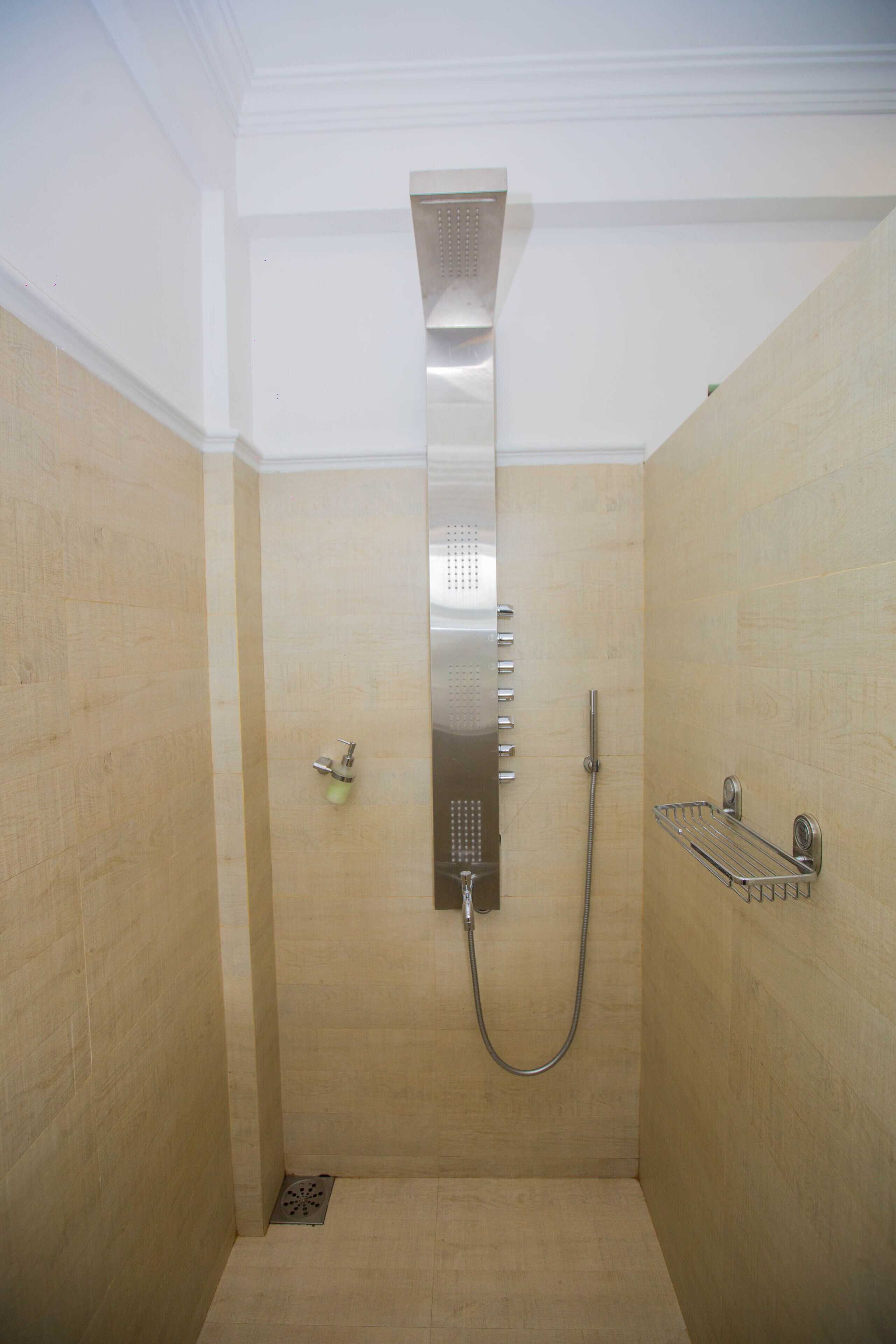 Une douche équipée d’un pommeau de douche à pluie vertical, d’un pommeau de douche à main et d’un porte-serviettes mural.