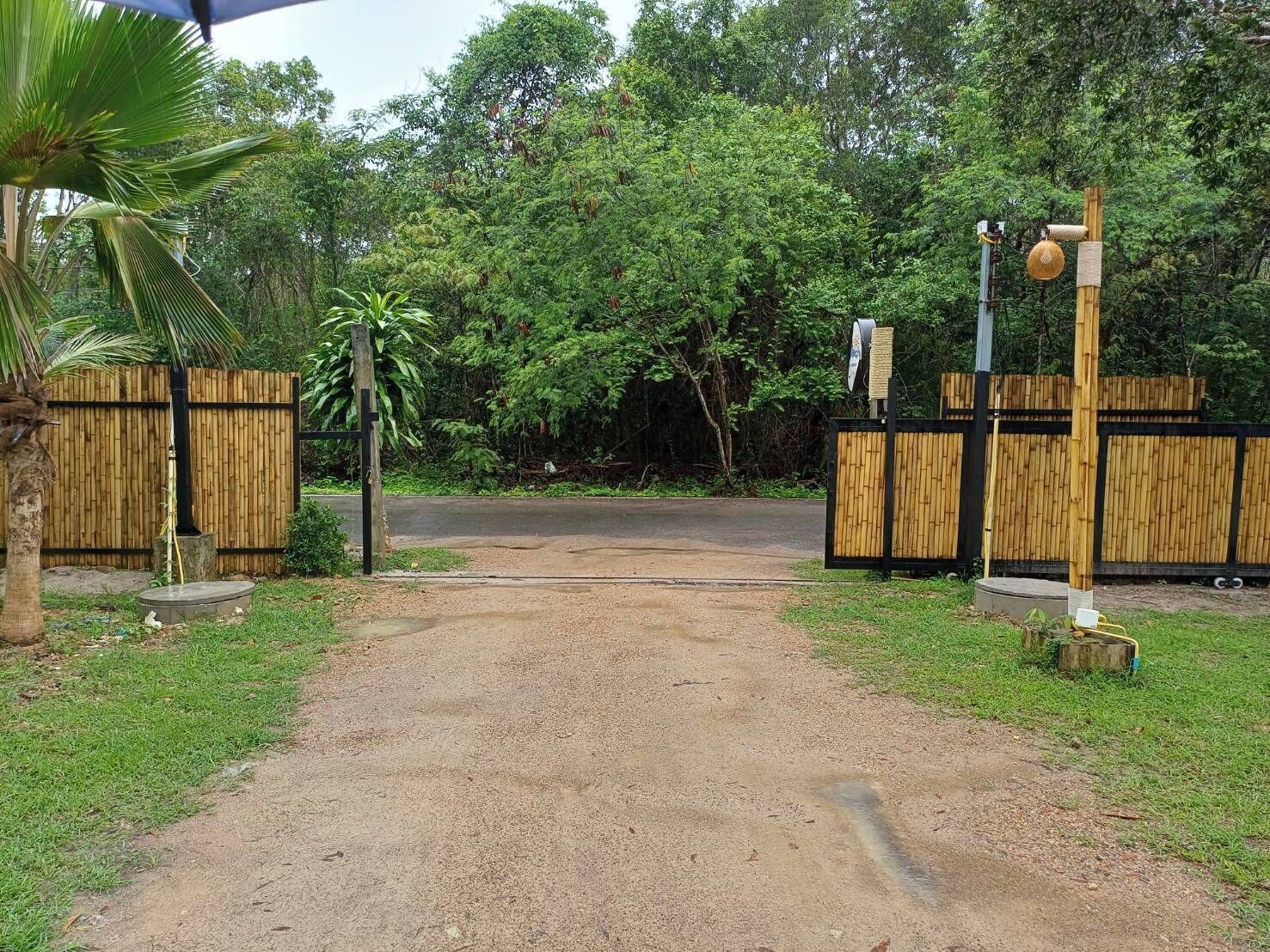 A gated entrance with a dirt path leading to a road, surrounded by lush greenery and bamboo fencing.