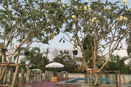 Outdoor pool, pool umbrellas, sun loungers