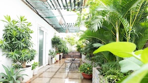 Un espacio al aire libre cubierto con plantas en macetas y una mesa con sillas.