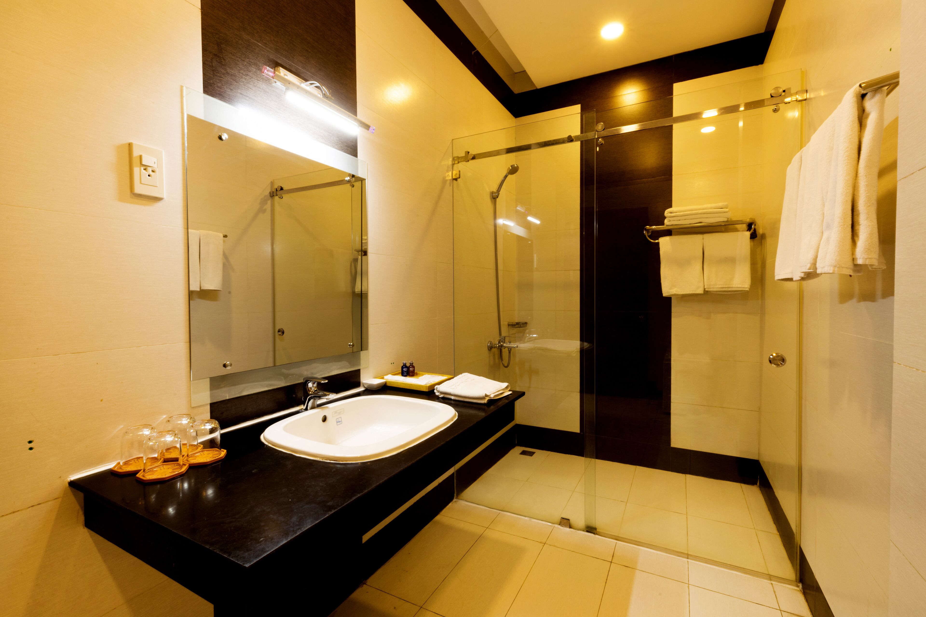 family room | bathroom | shower, free toiletries, bathrobes, bidet
