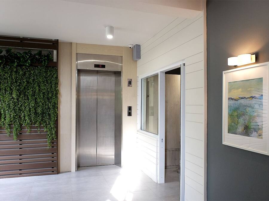 A modern hallway with a wall-mounted plant, an elevator, and a framed artwork.