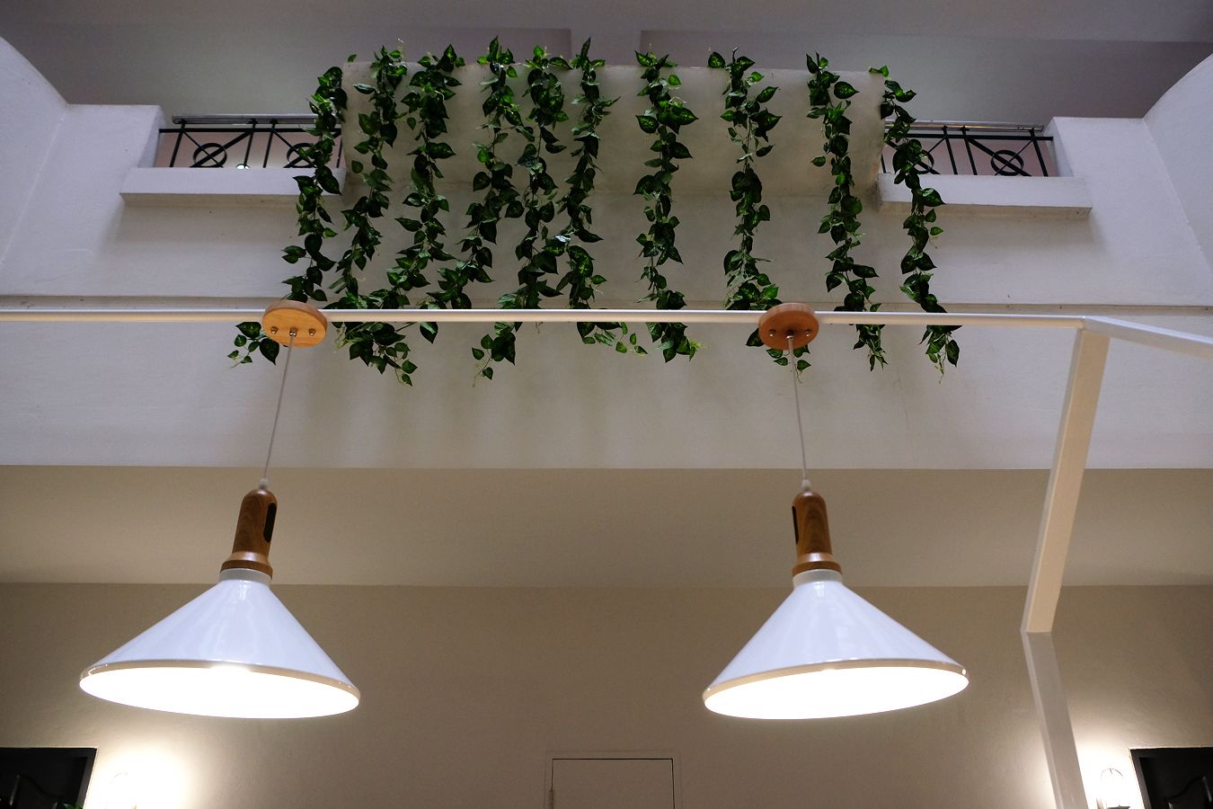 Techo decorado con plantas colgantes y dos lámparas colgantes.