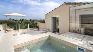 Área de piscina no terraço com espreguiçadeiras, chuveiro envidraçado e vista panorâmica da paisagem ao redor.