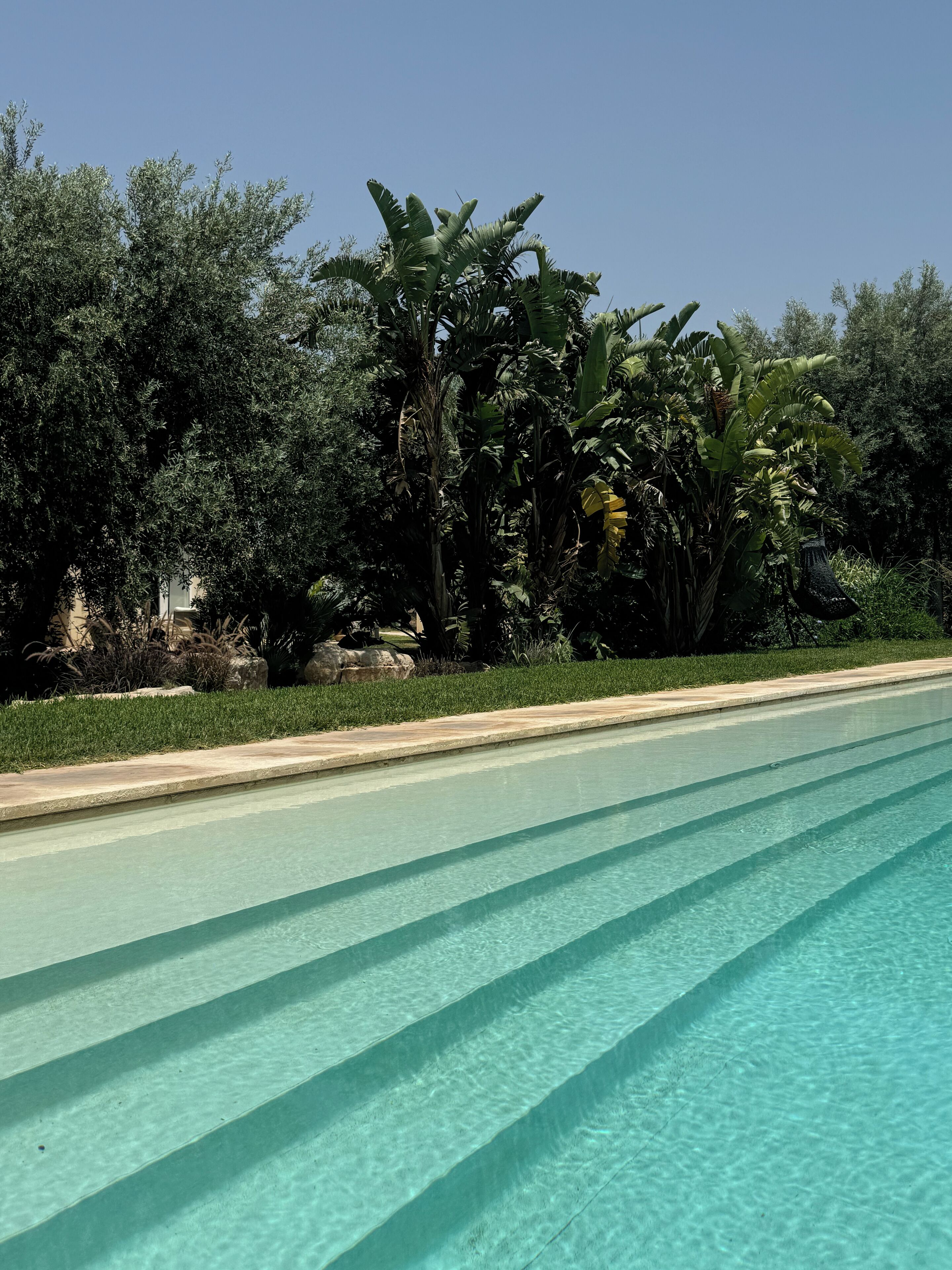 季节性开放的室外游泳池，池畔遮阳伞，日光浴躺椅