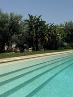 Una piscina al aire libre de temporada, sombrillas