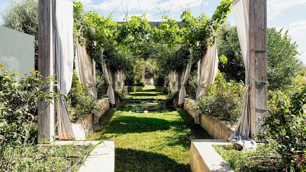 Een tuinpad met een houten pergola, bedekte stof en weelderig groen.
