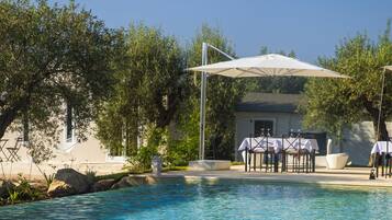 Seasonal outdoor pool, pool umbrellas, pool loungers