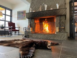 Una chimenea con fuego encendido, un sillón rojo y una alfombra de piel en el suelo.