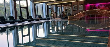 Indoor pool, open 7:00 AM to 9:00 PM, sun loungers