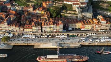 Vista aérea de un pueblo ribereño con edificios históricos, un puente y un muelle para transbordador.