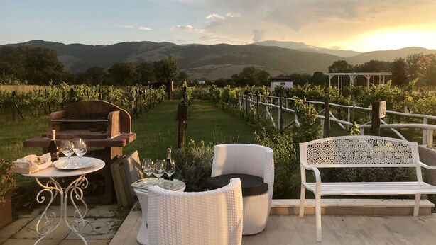 A patio with outdoor seating, a grill, and a view of vineyards and mountains.
