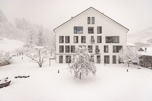 A large, multi-story building with a symmetrical facade, surrounded by snow-covered trees and a snowy landscape.