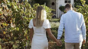 Couples can stroll hand in hand through the lush vineyard, surrounded by grapevines.