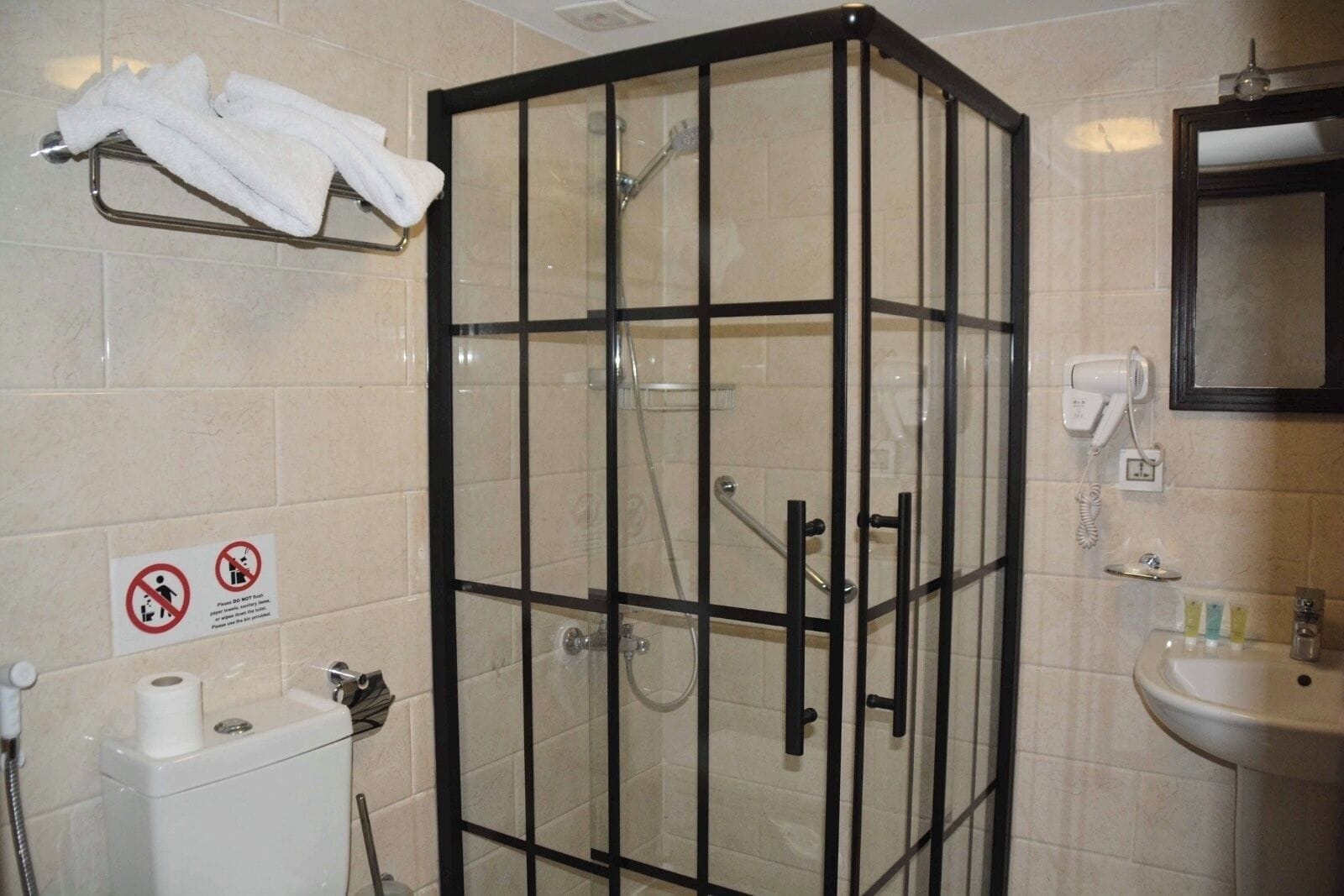 shower, free toiletries, hair dryer, slippers