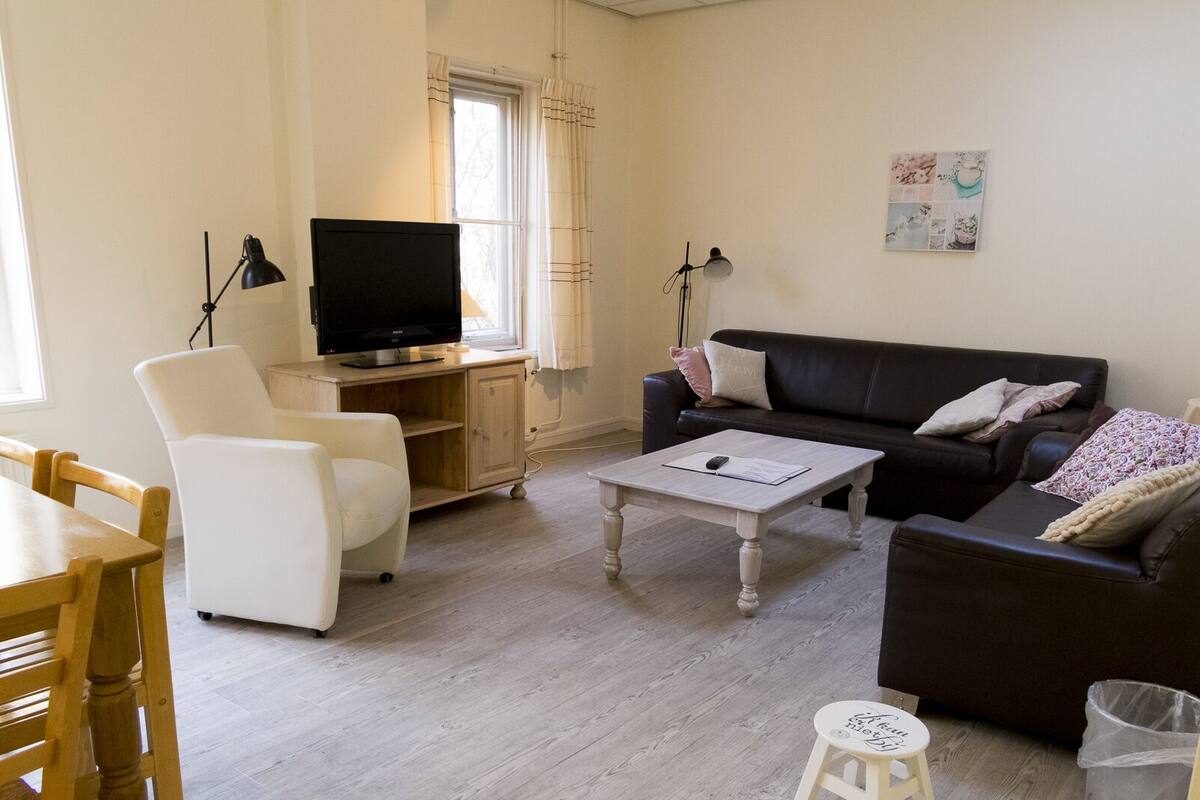 A living room with a TV, two sofas, a coffee table, and a dining area with chairs.
