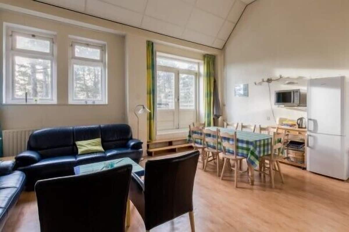 A compact living space with a sofa, dining table, chairs, and a kitchenette.
