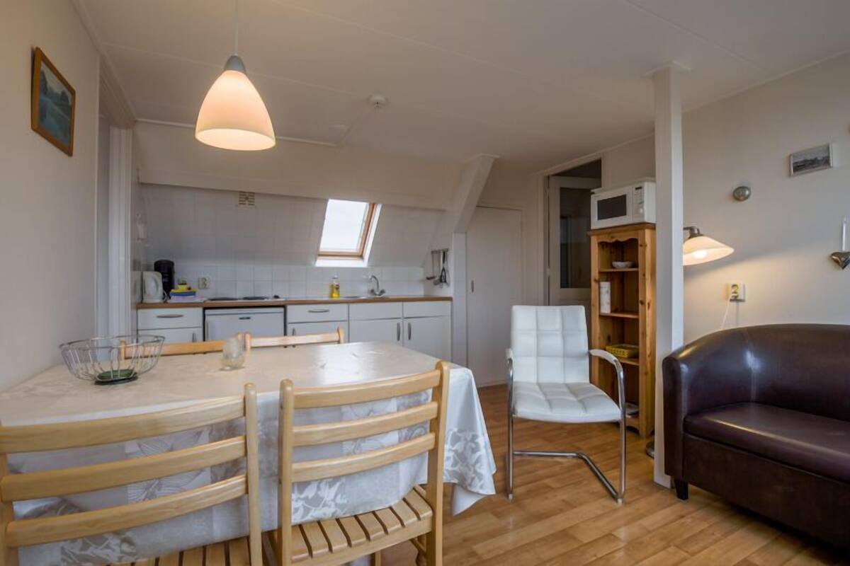 A compact living space with a dining area, kitchenette, and a seating area.