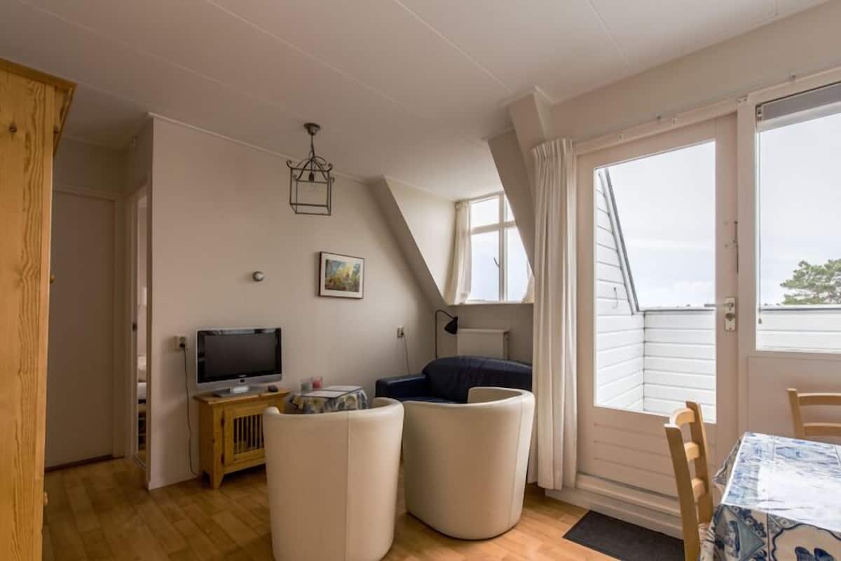 A cozy living room with a television, two white armchairs, a wooden cabinet, and a dining table with chairs.