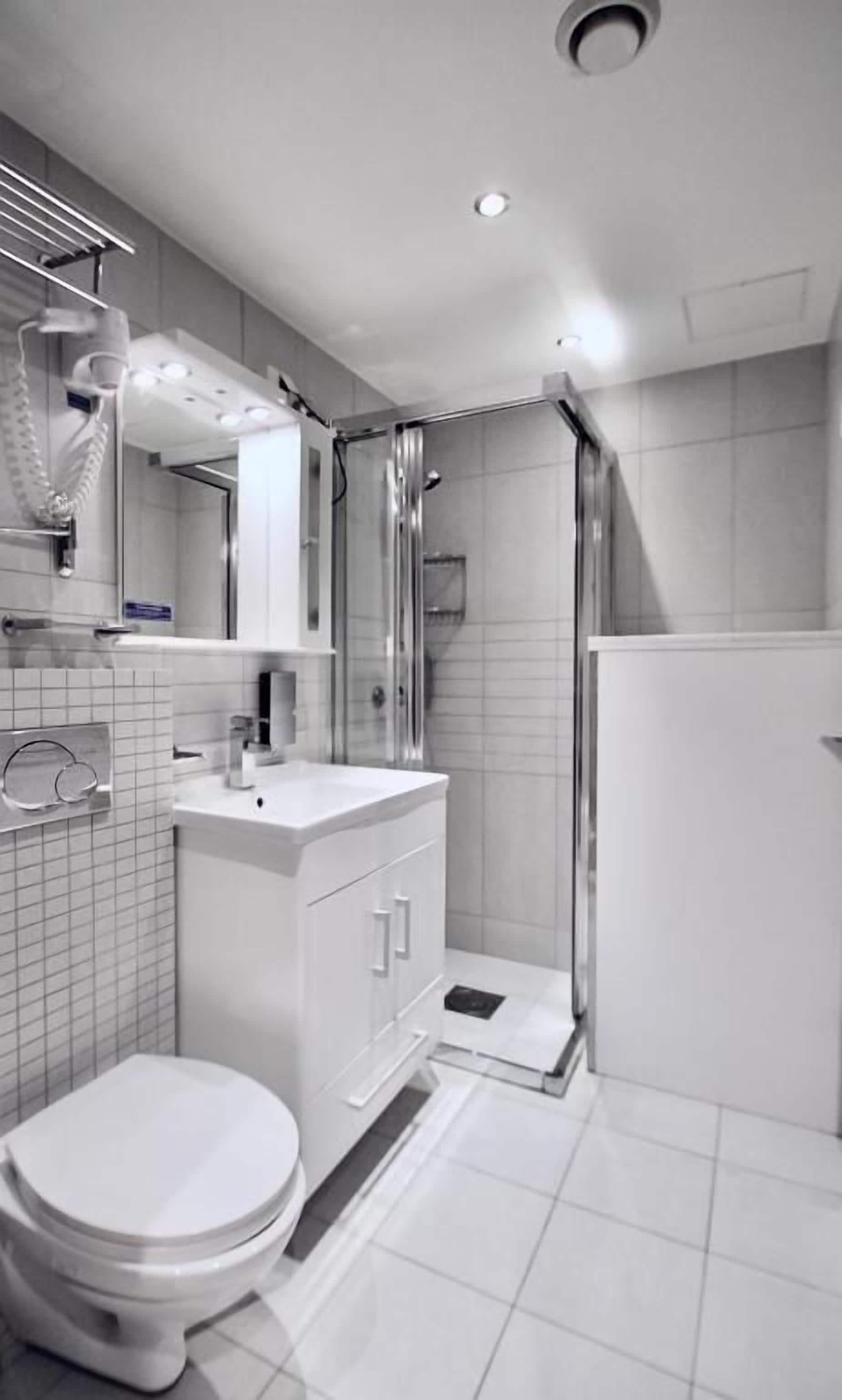 A modern bathroom with a toilet, sink, and shower.