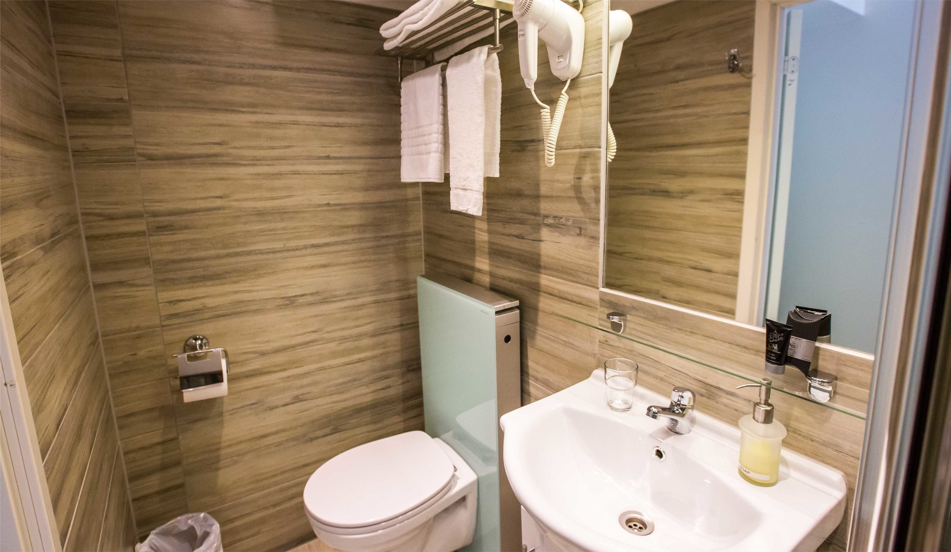 A bathroom with a toilet, sink, and hairdryer.