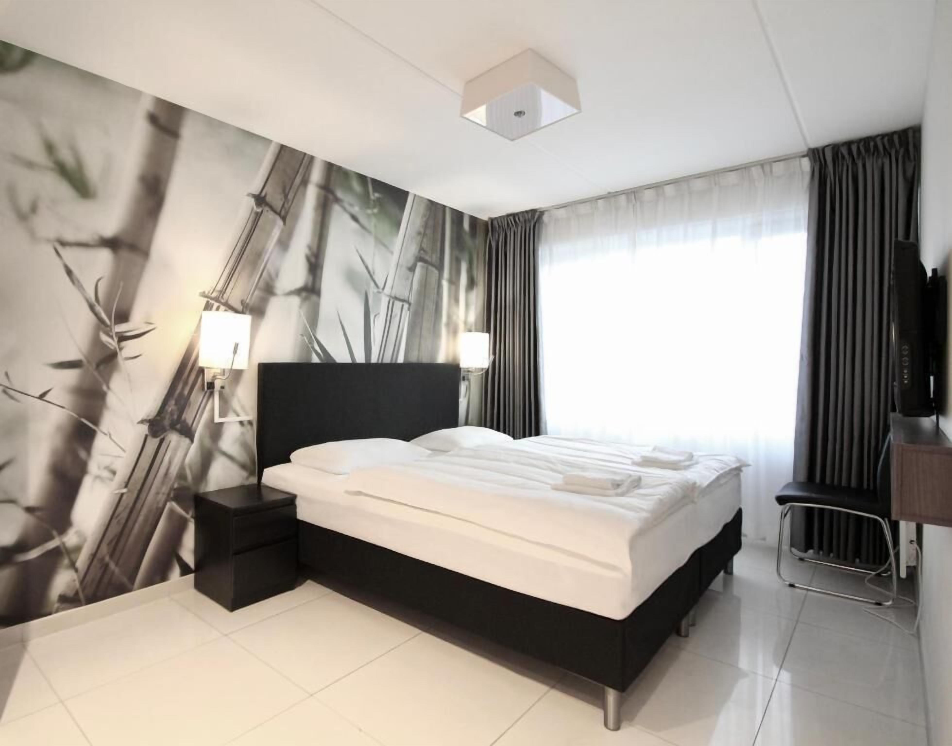 Una habitación de hotel moderna con una cama grande, una mesita de noche, un televisor montado en la pared y un radiador.