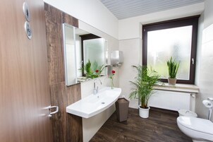Shower, free toiletries, hair dryer, towels