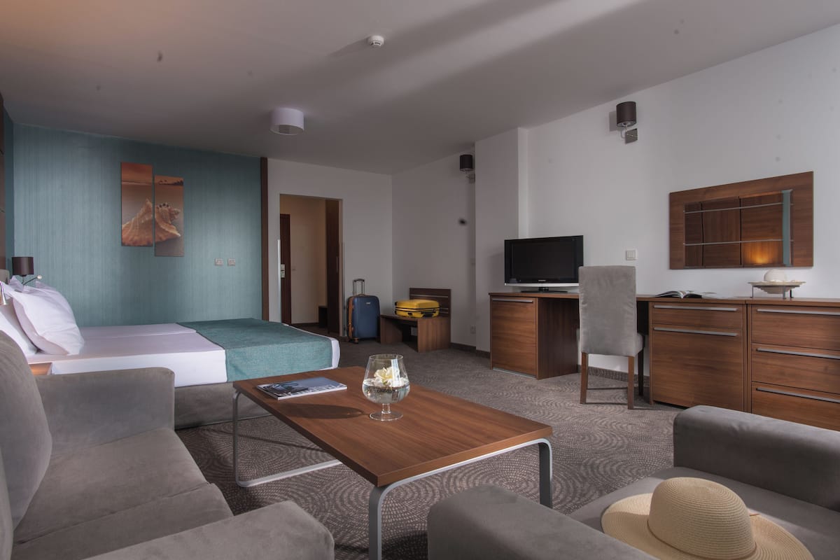 A hotel room with a bed, a desk, a television, a wardrobe, and a seating area with a coffee table.