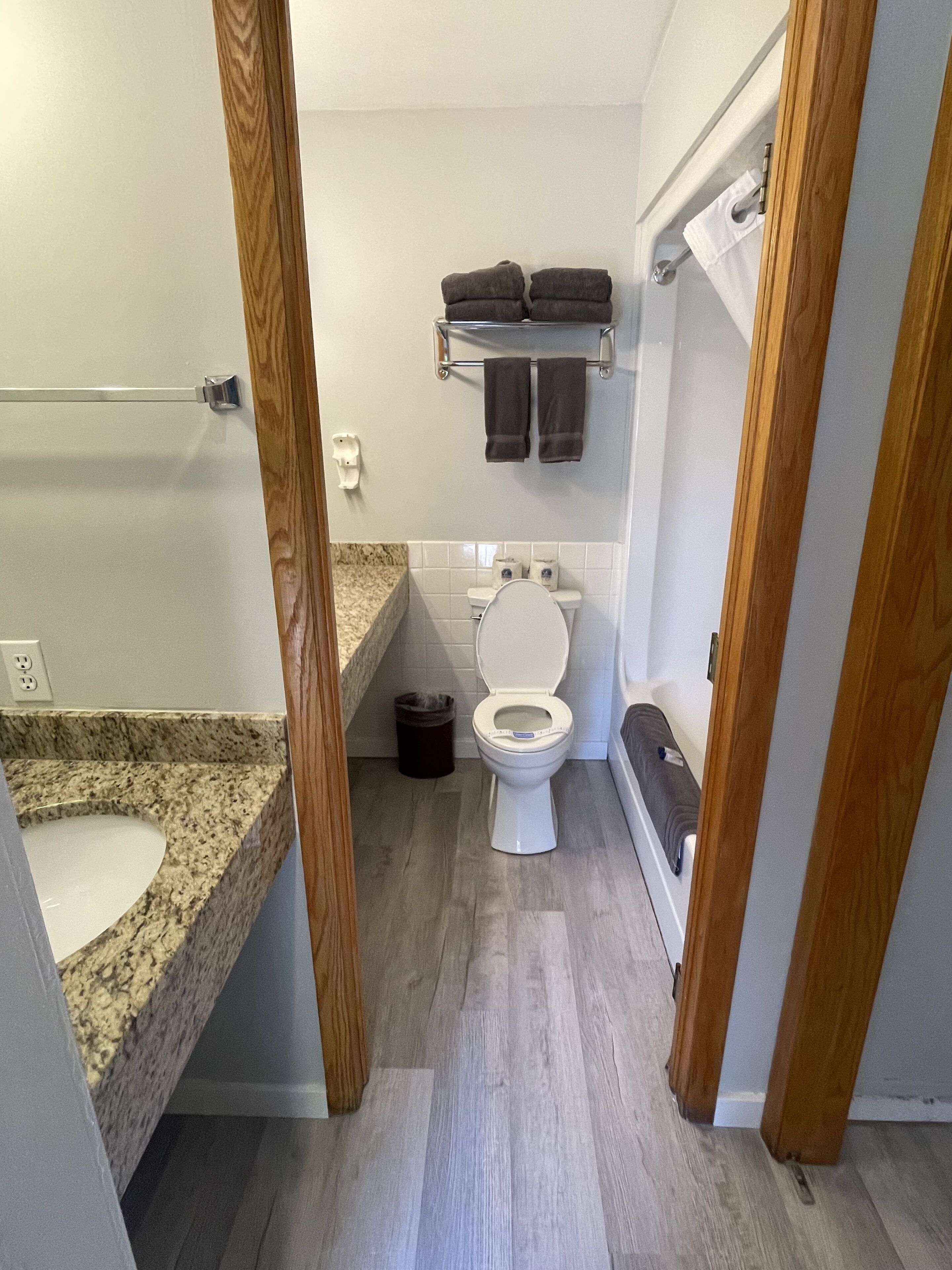 Un bagno con il water, un lavandino e un porta asciugamani.