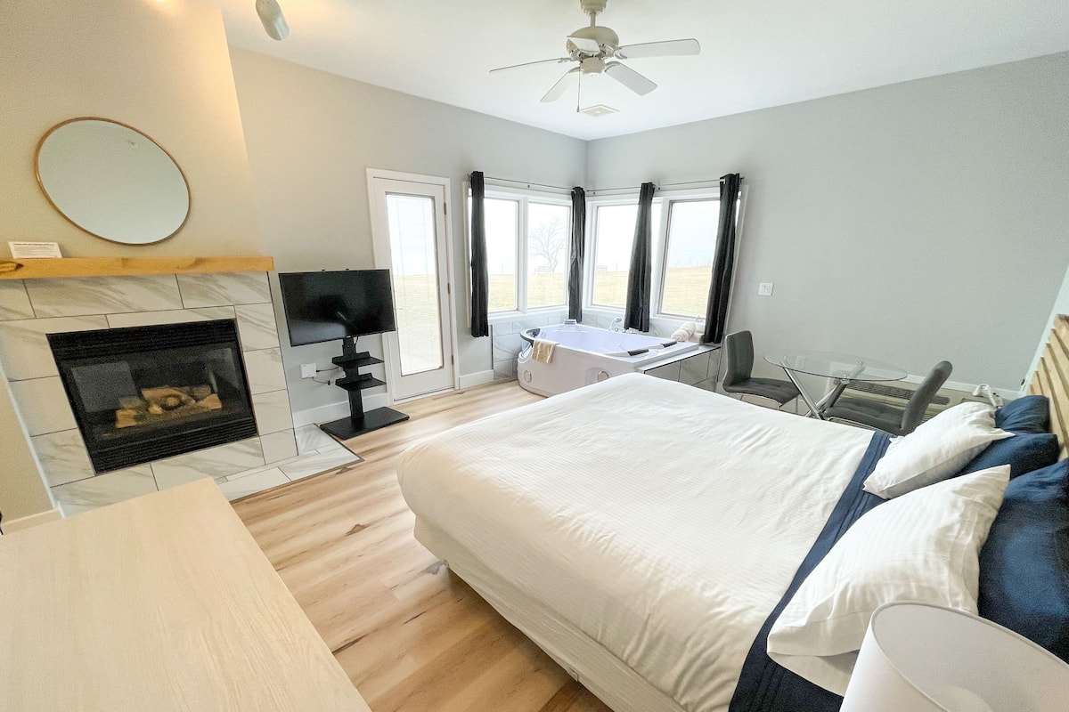 A modern bedroom with a large bed, a fireplace, a TV, and a view of the outdoors.