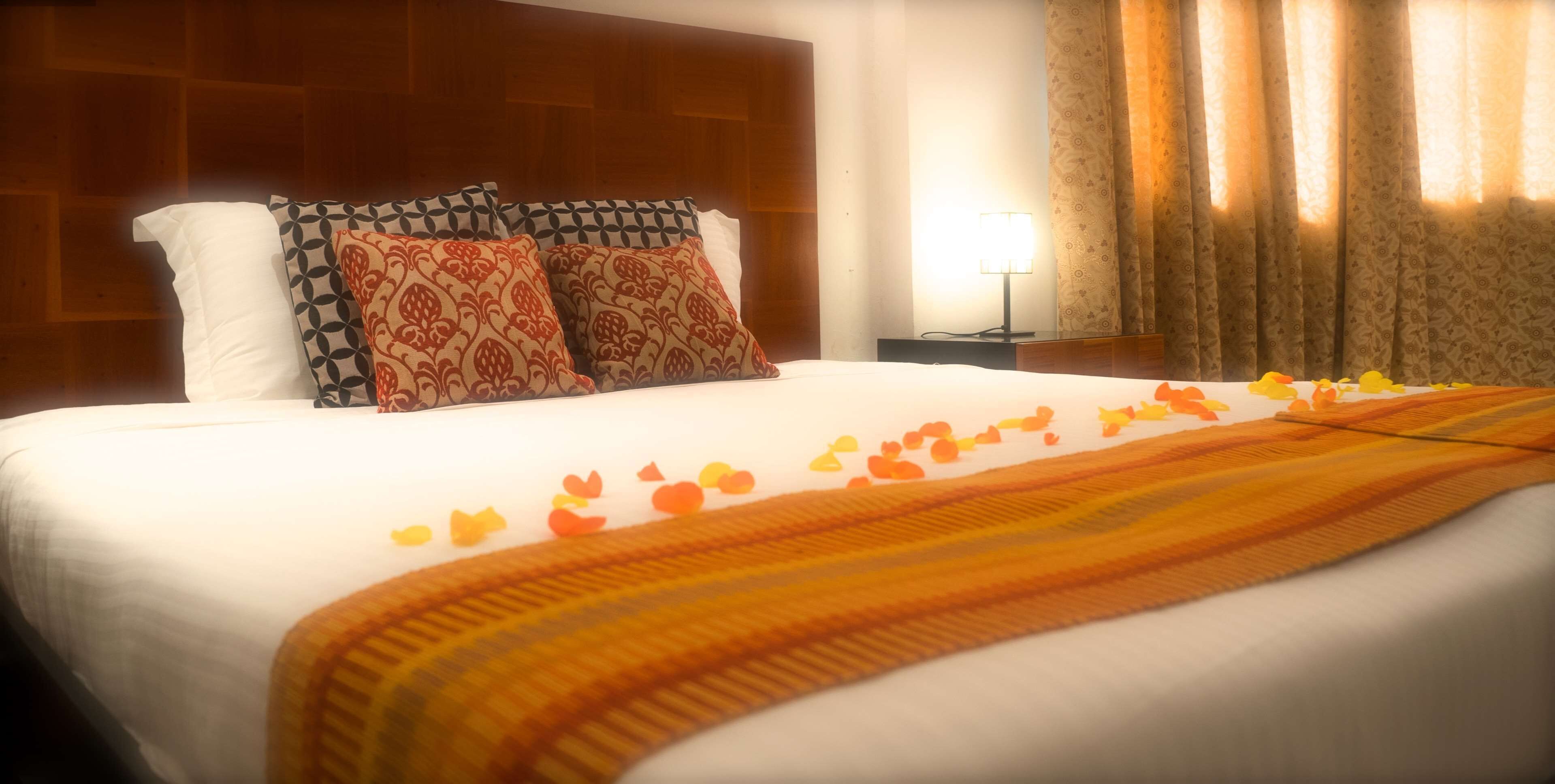 A neatly made bed with patterned pillows, a bedside table with a lamp, and a window with curtains.