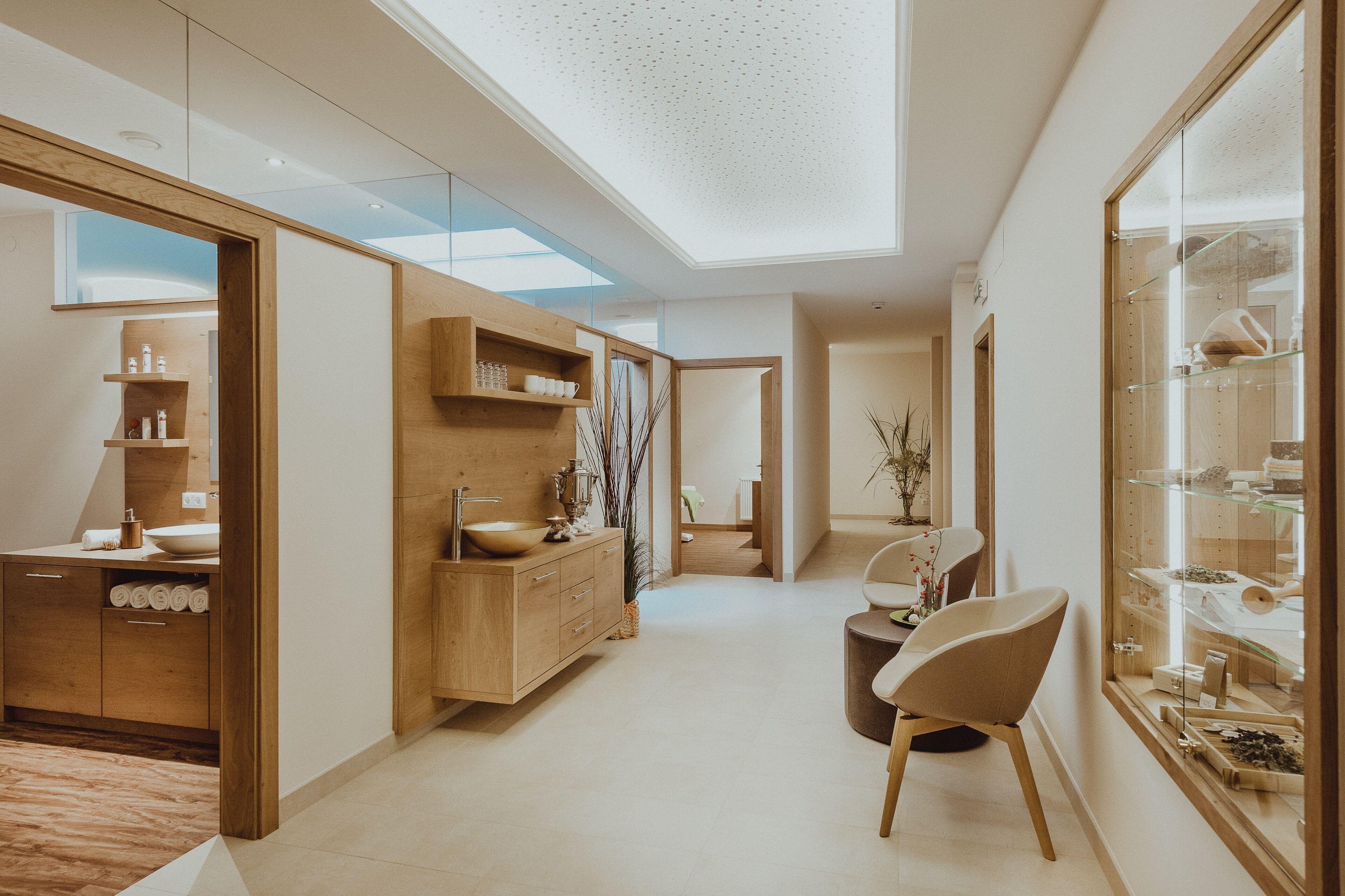 A modern bathroom with a skylight, wooden cabinets, and a glass display case.