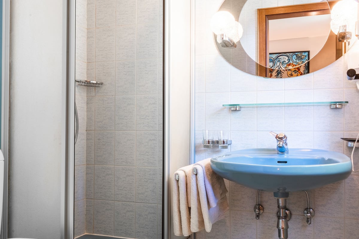 shower, designer toiletries, hair dryer, towels