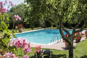 Una piscina al aire libre, sillones reclinables de piscina