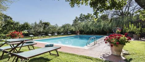 Outdoor pool, open 9:00 AM to 7:00 PM, sun loungers