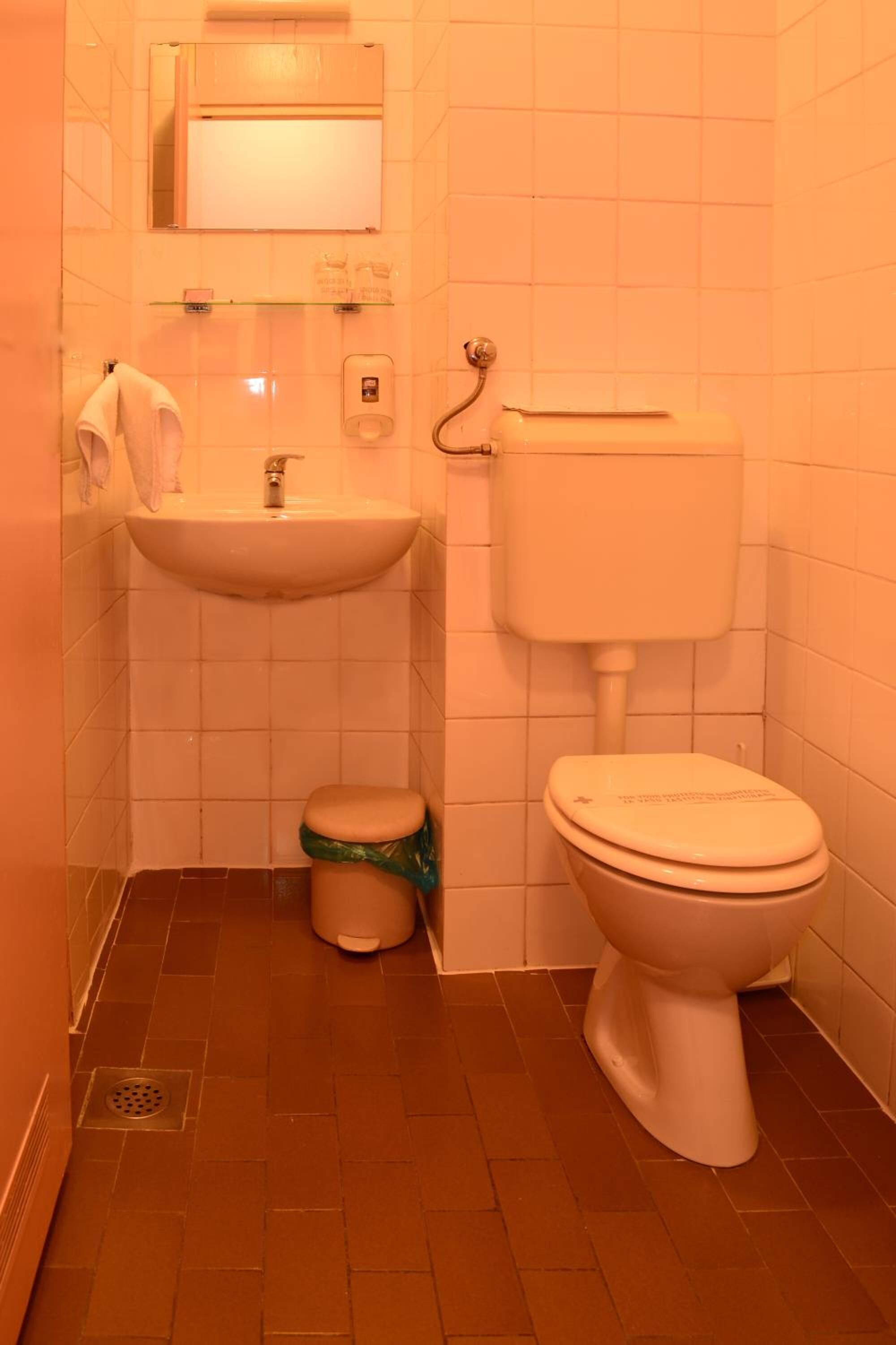 A small bathroom with a toilet, sink, and mirror.