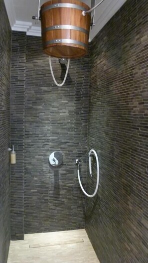 Hair dryer, towels, soap, shampoo