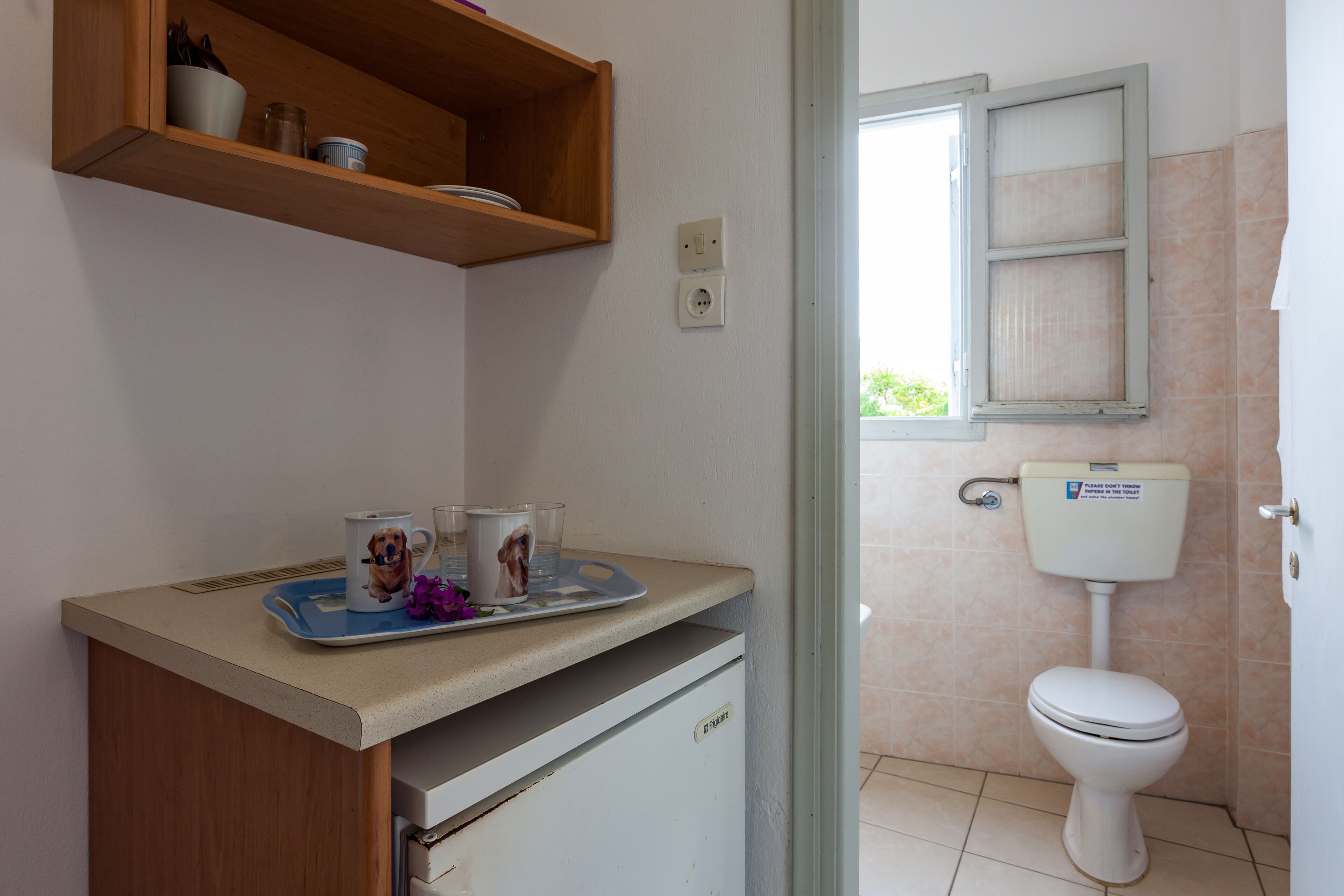 Une salle de bain avec des toilettes, une étagère contenant des articles de toilette et une fenêtre.