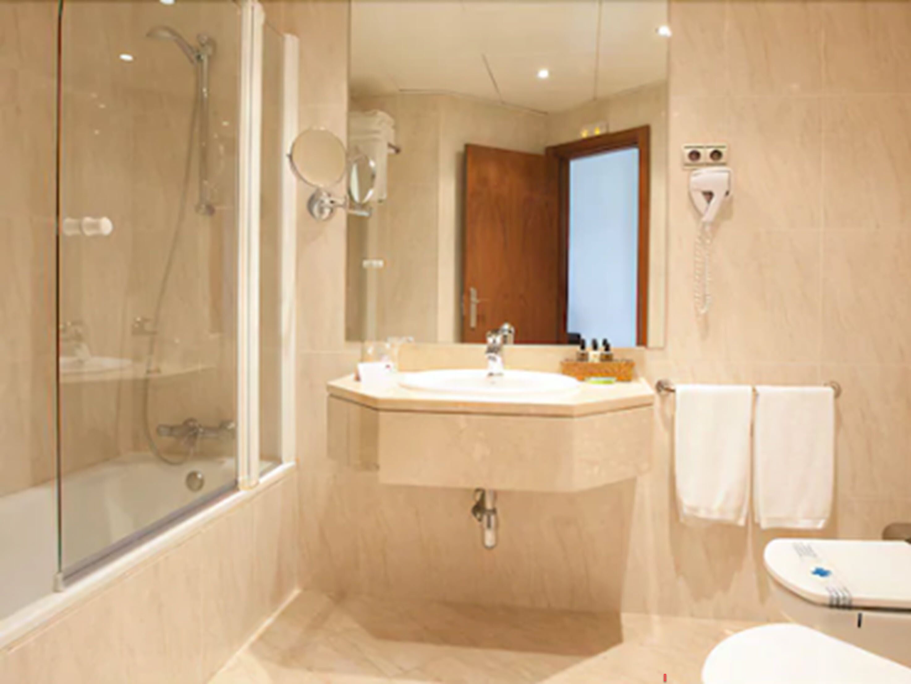 bathtub, free toiletries, hair dryer, towels