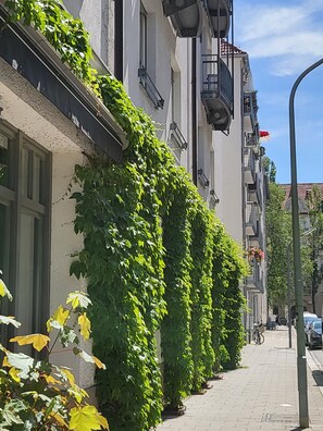 A row of buildings with green ivy climbing up the walls, a paved sidewalk, and a clear blue sky. - Hotel Prinz (Munich)