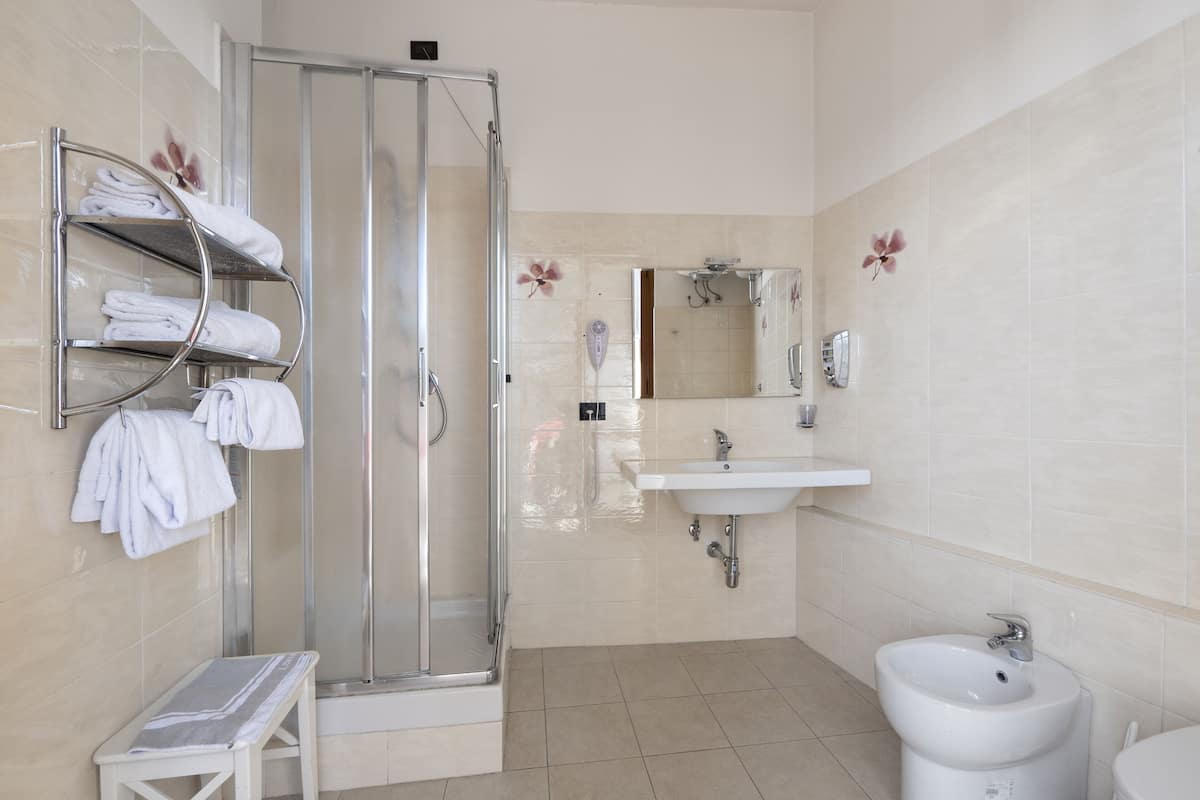 shower, rainfall showerhead, free toiletries, hair dryer