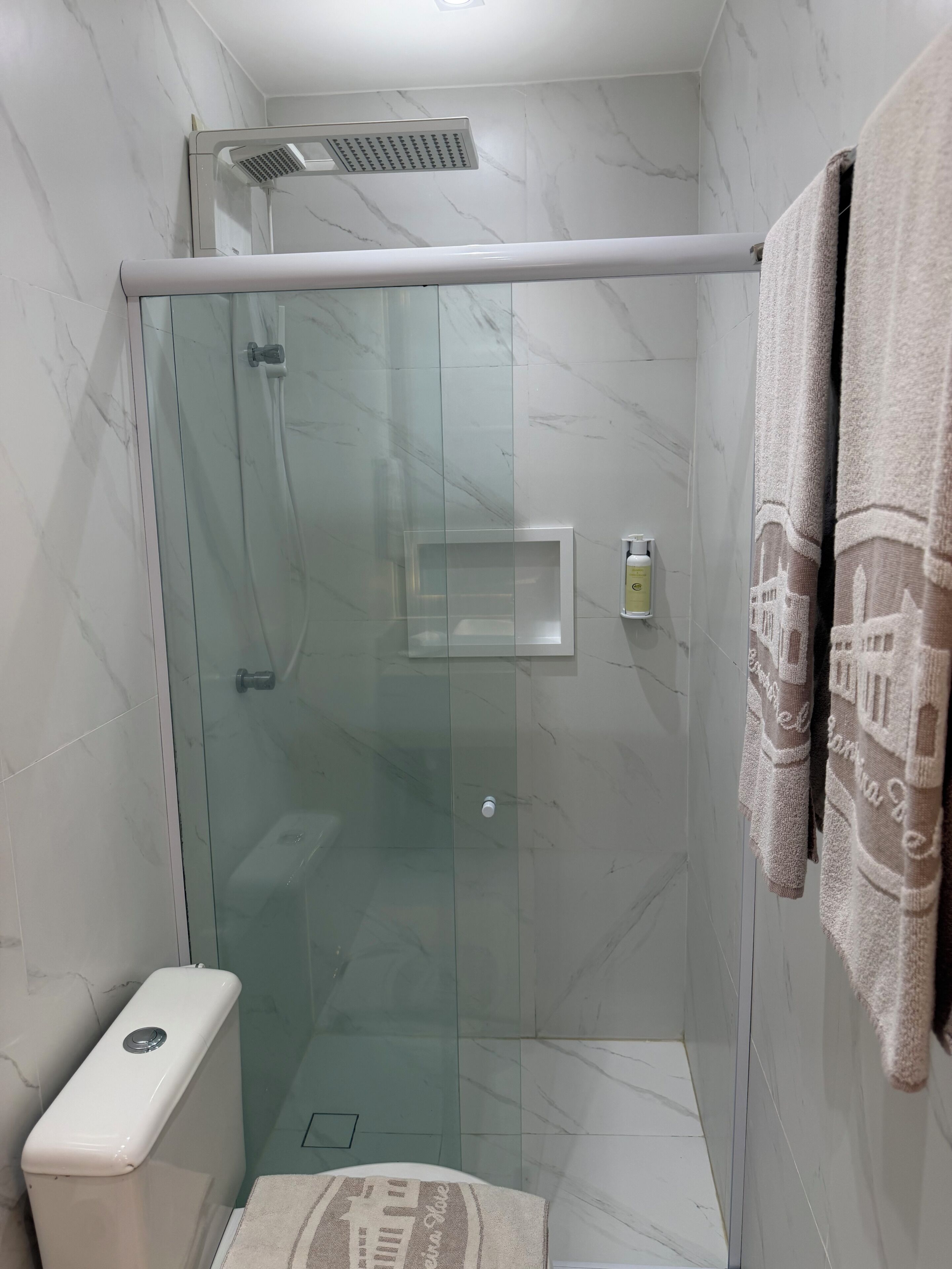A glass-enclosed shower stall with a handheld showerhead, a glass door, and a towel rack with towels.