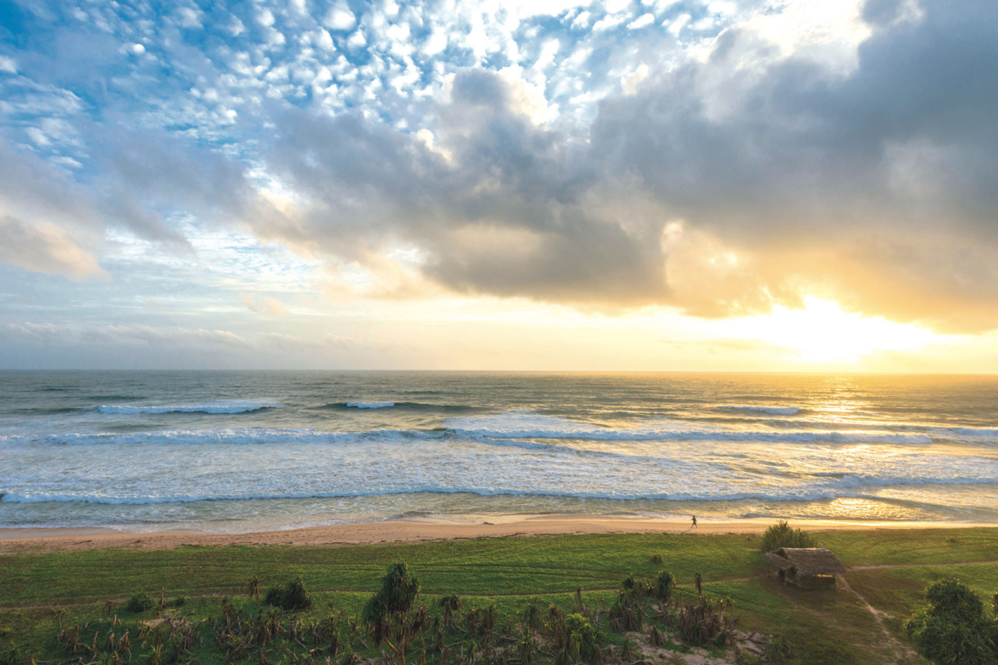 A coastal landscape with a beach, ocean waves, and a grassy area with a structure.