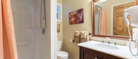 A bathroom with a shower, toilet, sink, and a large mirror.