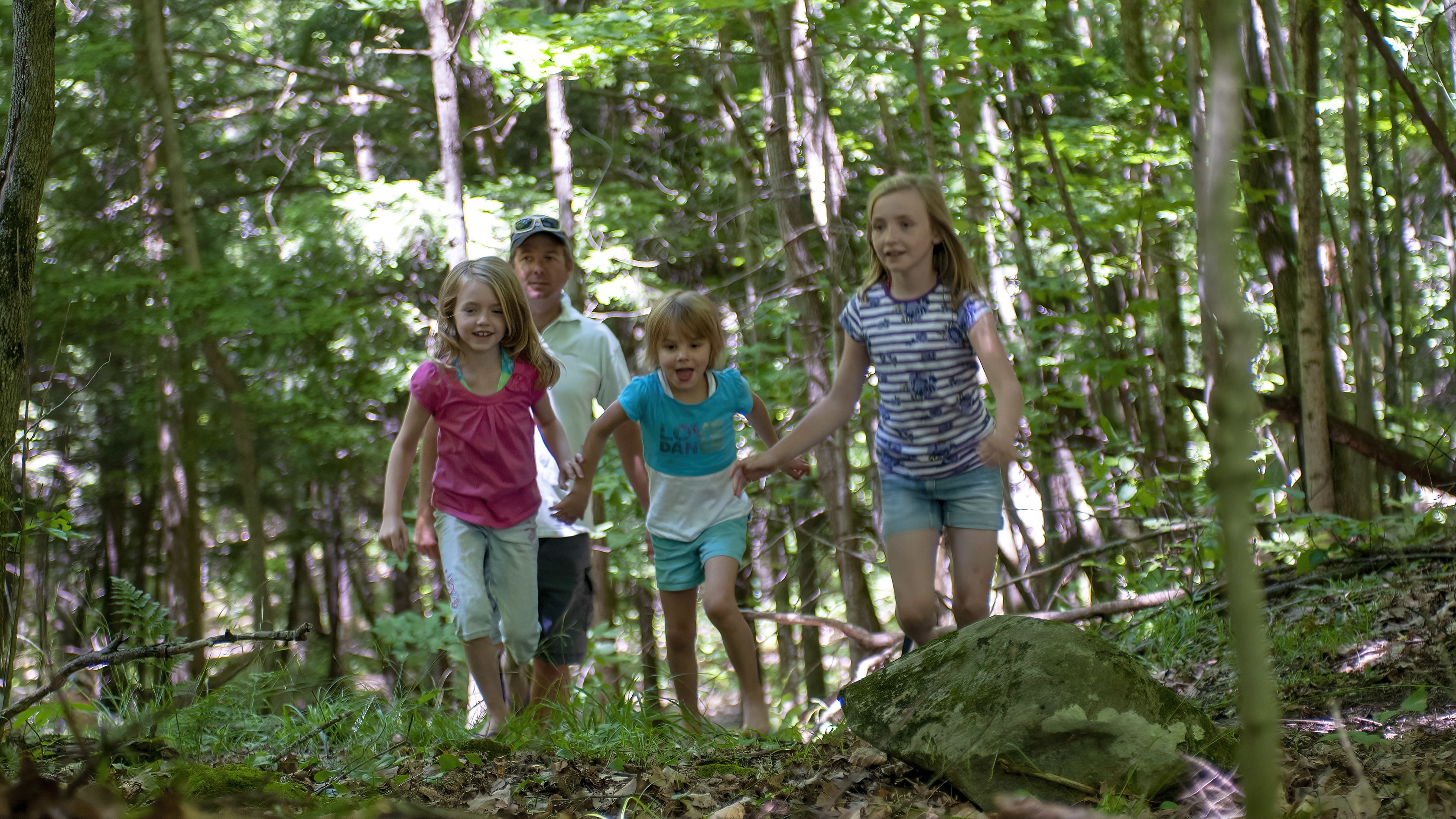 A family walking through a forested area with trees and natural ground cover.