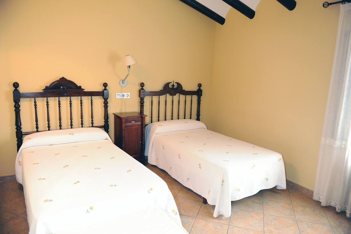 Two single beds with wooden headboards, a nightstand, a lamp, and a curtain.