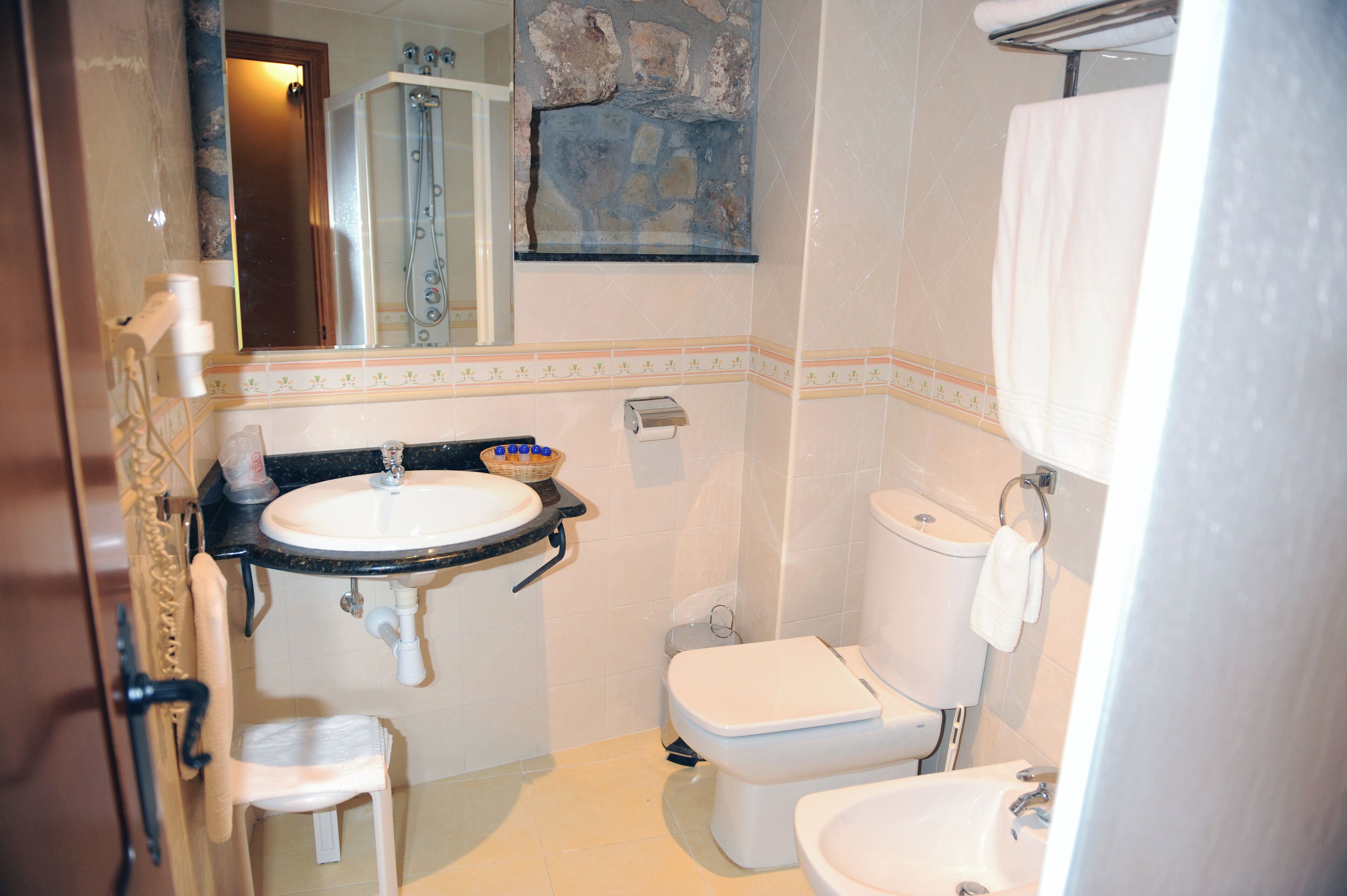 free toiletries, hair dryer, bidet, towels