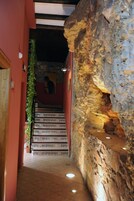 Una escalera con peldaños decorados que lleva a una habitación con pared de piedra y una planta colgante.